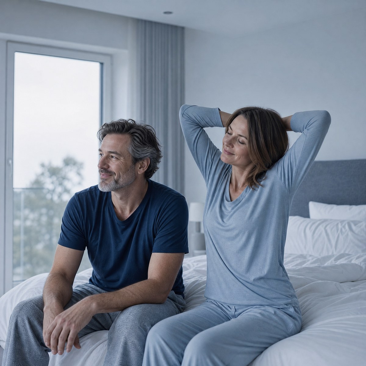 Ausgeruhtes Paar am Morgen im hellen Schlafzimmer